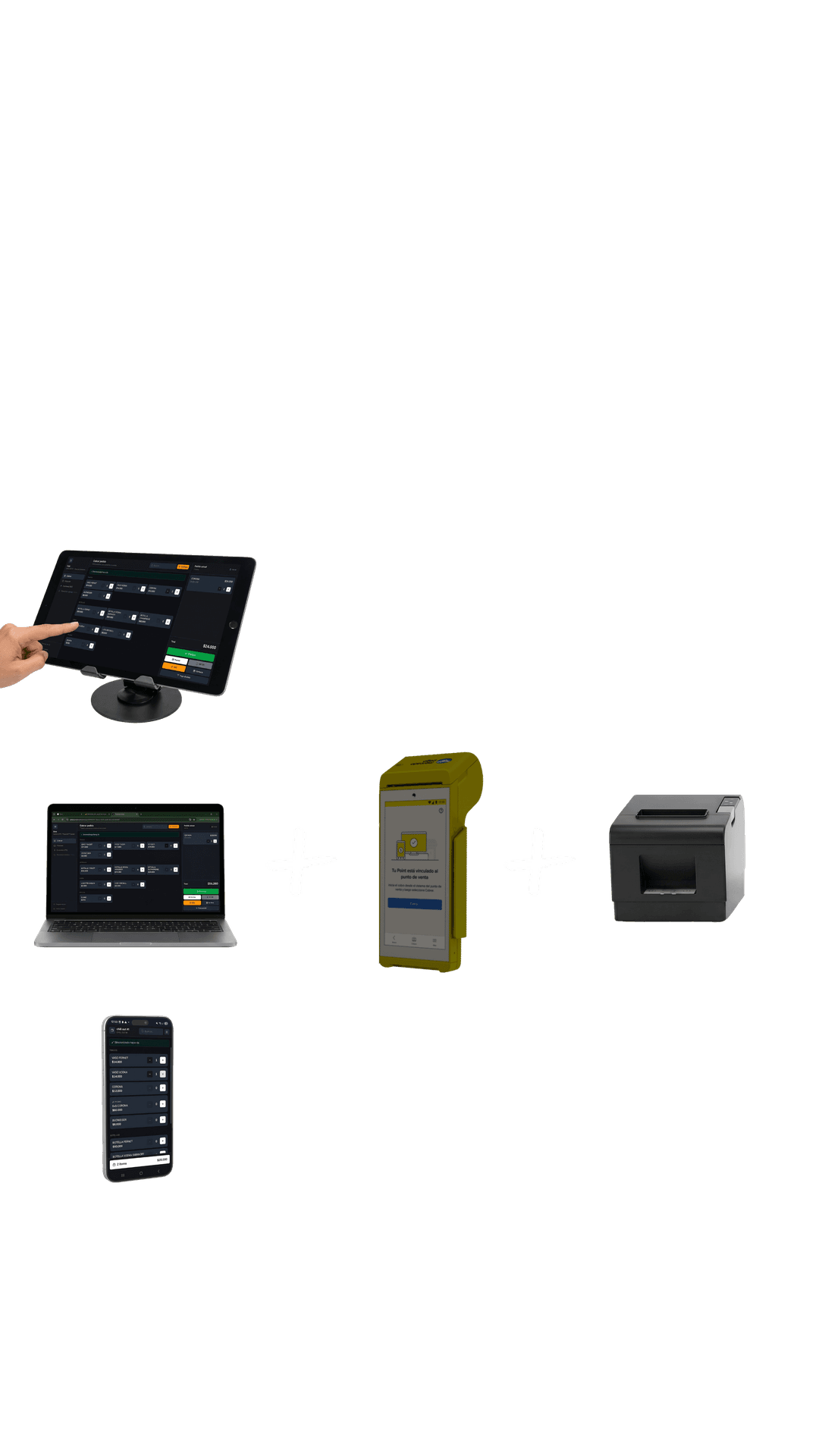 Plataforma de cajeros: tablet, laptop, Posnet, impresora y celular